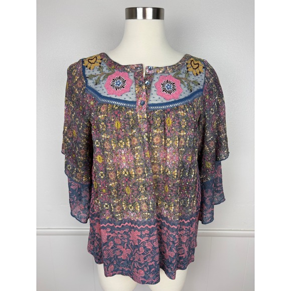 Anthropologie Tops - Anthropologie Postmark Ciutadella Top Lace Embroidered Floral Size M Bell Sleeve